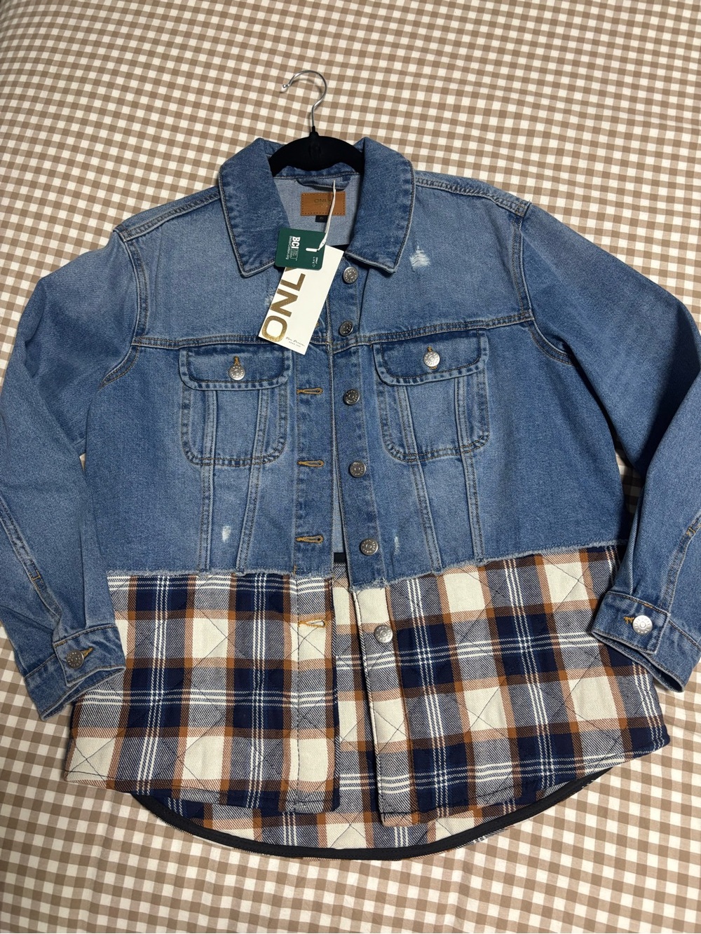 ONLY Denim Jacket with Plaid Hem - Blue & Brown